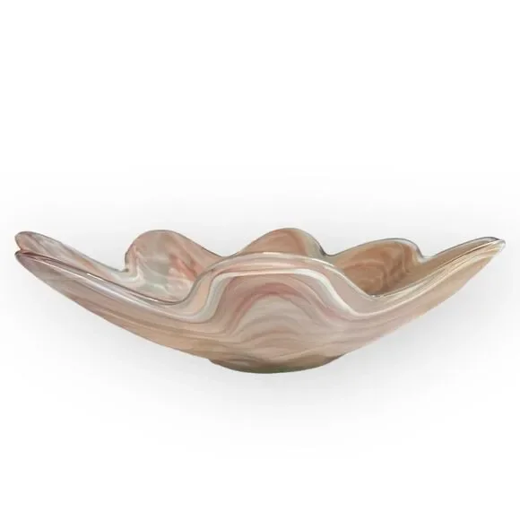 Vintage 80s San Miguel Vidrios Pink White Scalloped Edge Art Glass Bowl